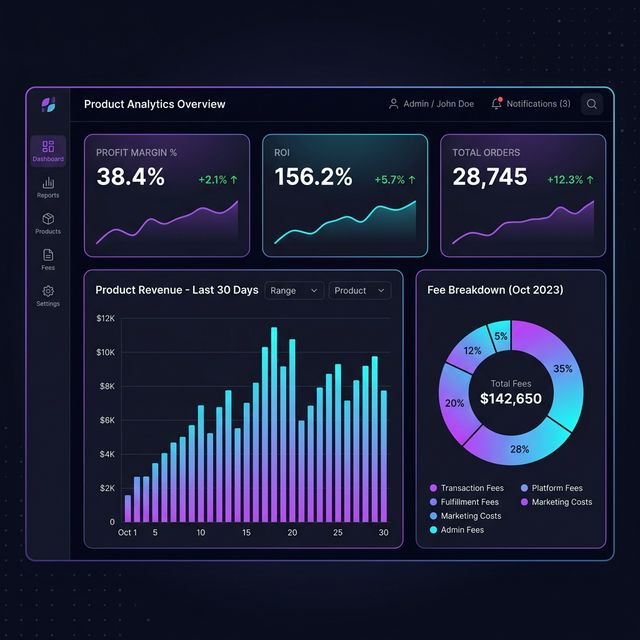 TikTok Price Pro Analytics — Revenue charts, fee breakdown, and KPI metrics